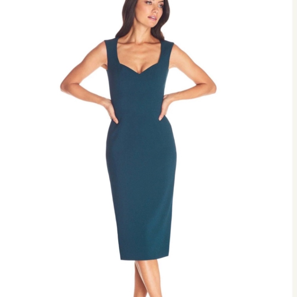 Dress the Population Teal Elle Sweatshirt Neck Sheath Midi Skirt